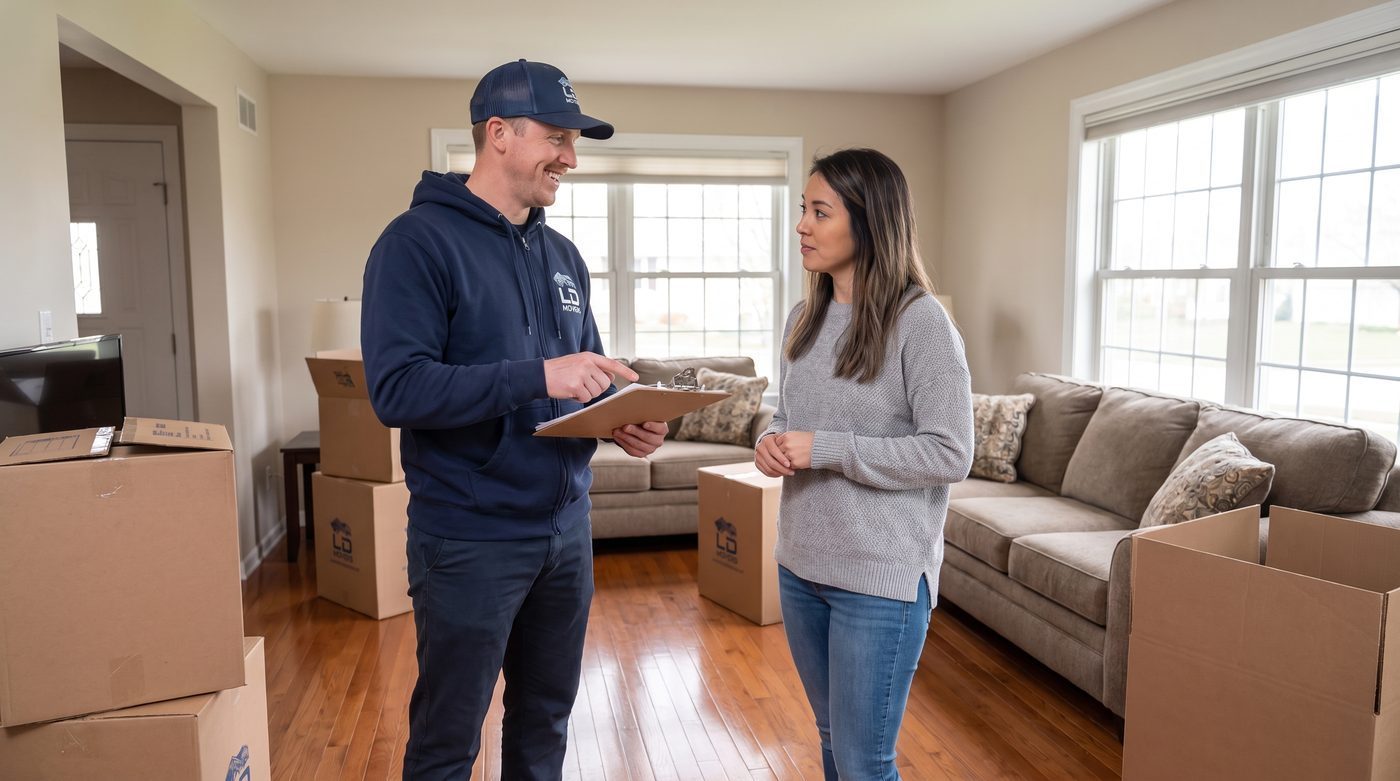 LD Movers moving coordinator reviewing an inventory checklist with a customer in their home before a long-distance move