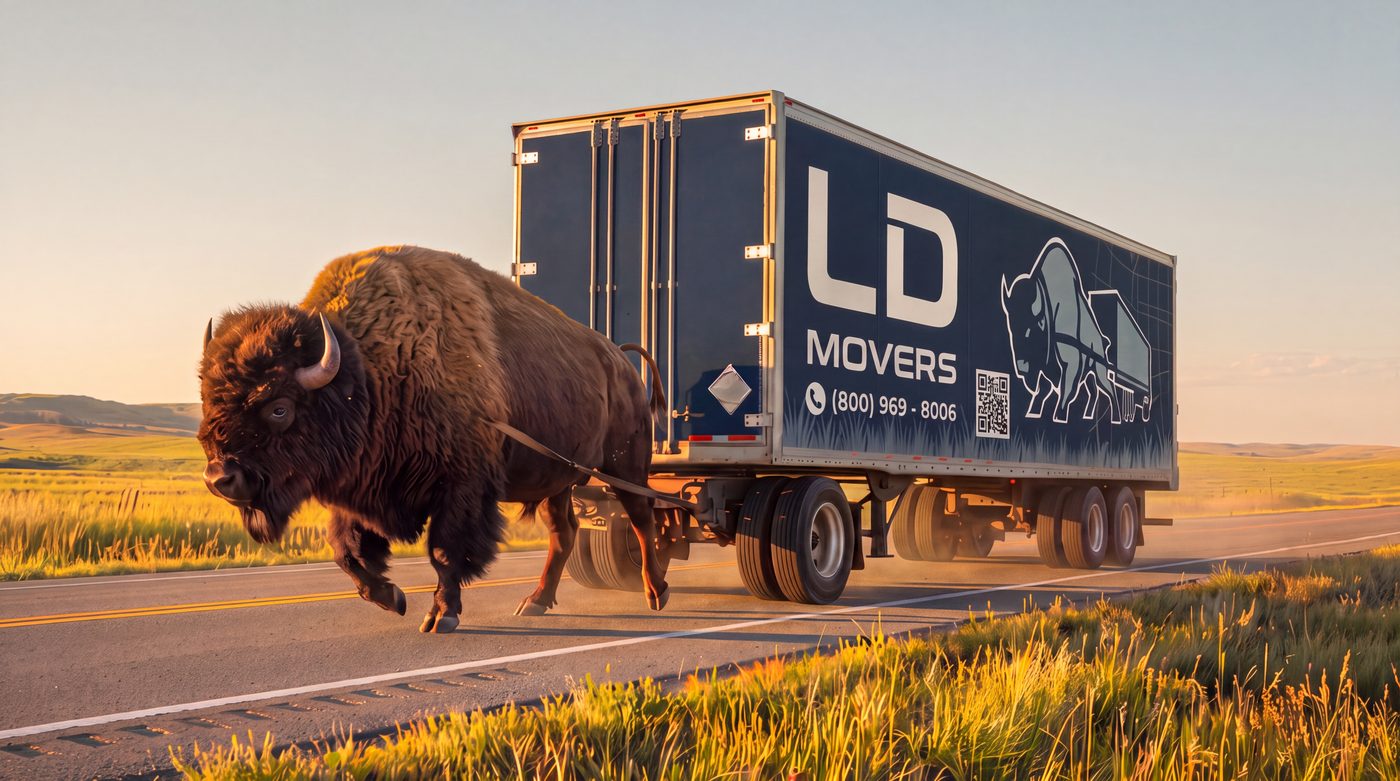 LD Movers trailer crossing open country at sunset for a Chicago to Warwick move