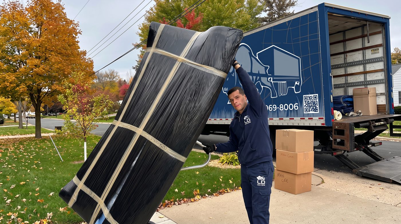 Crew loading wrapped furniture onto an LD Movers truck on the Chicago to Gresham route