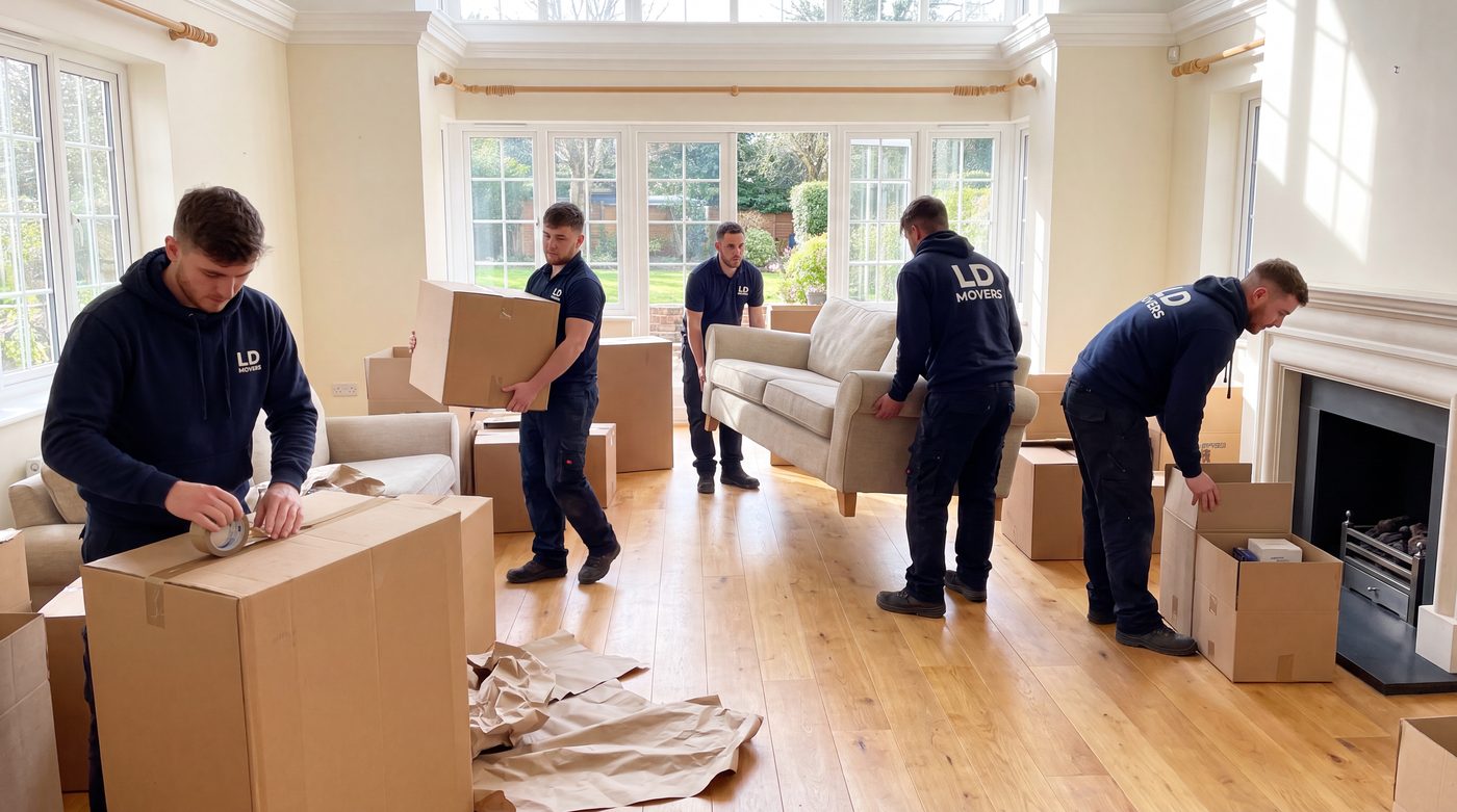 Five-person LD Movers packing crew in a living room for a Chicago to Concord move