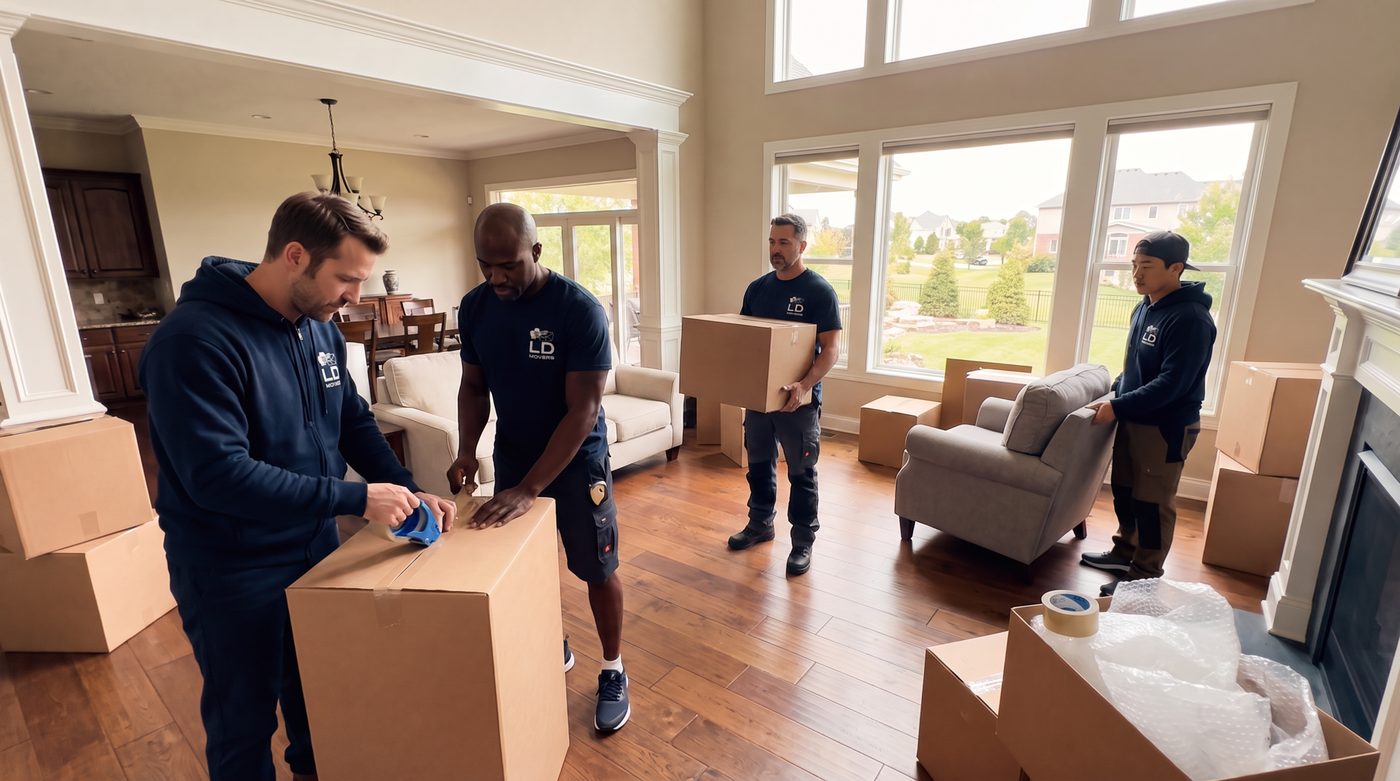 Crew packing cartons in a living room before transit for a Chicago to Warwick move