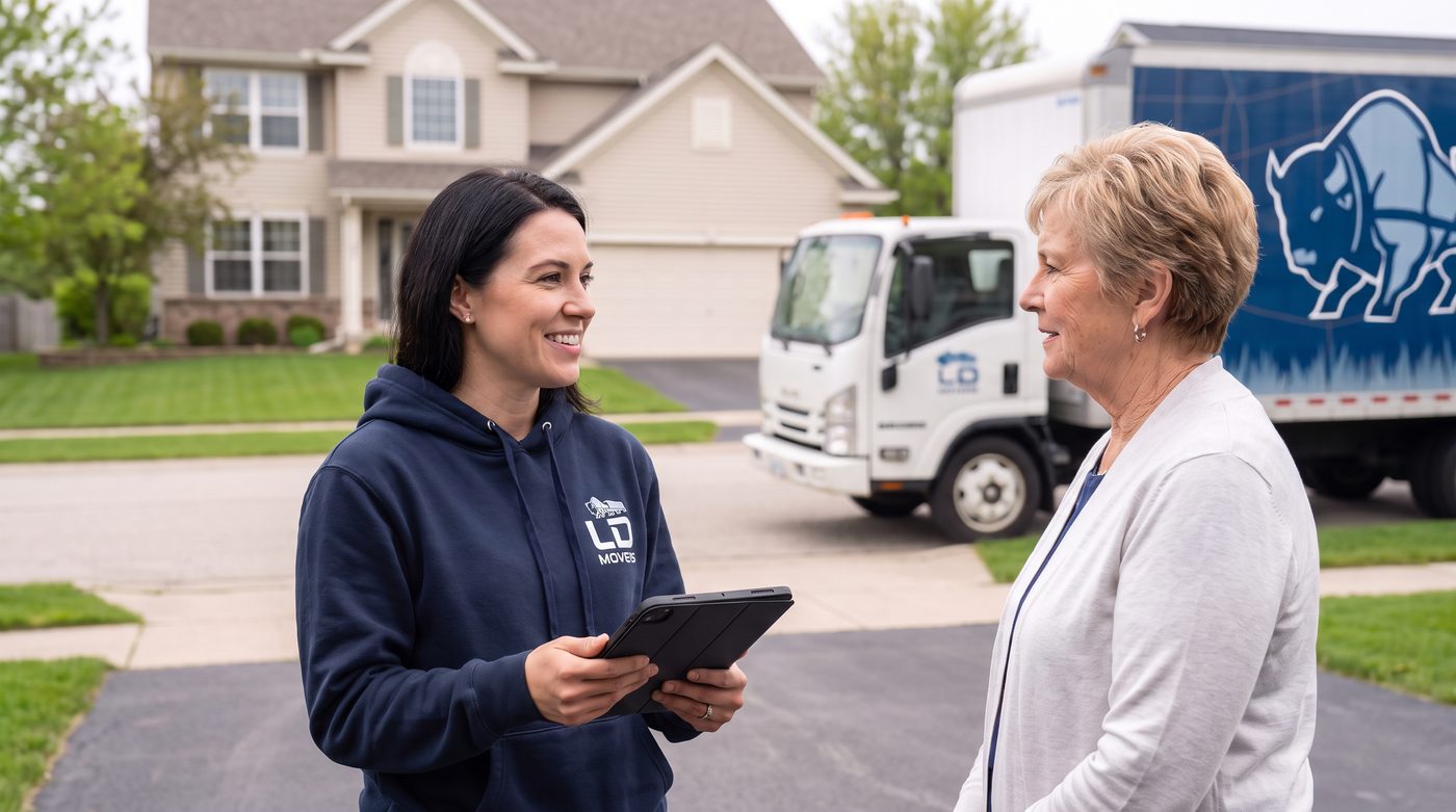 Tablet estimate consultation on a residential driveway for a Chicago to Annapolis move
