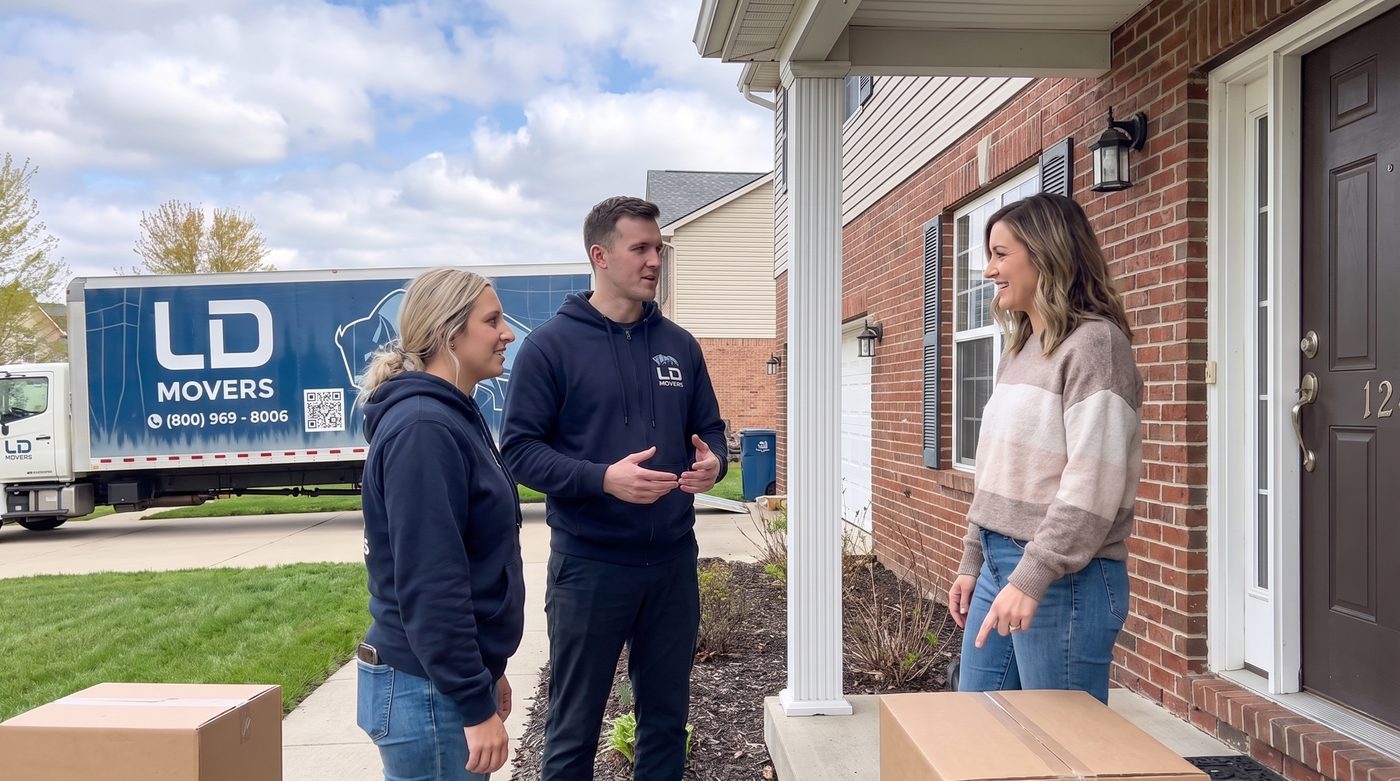 LD Movers crew discussing move details on a front porch for a Chicago to Wheeling move