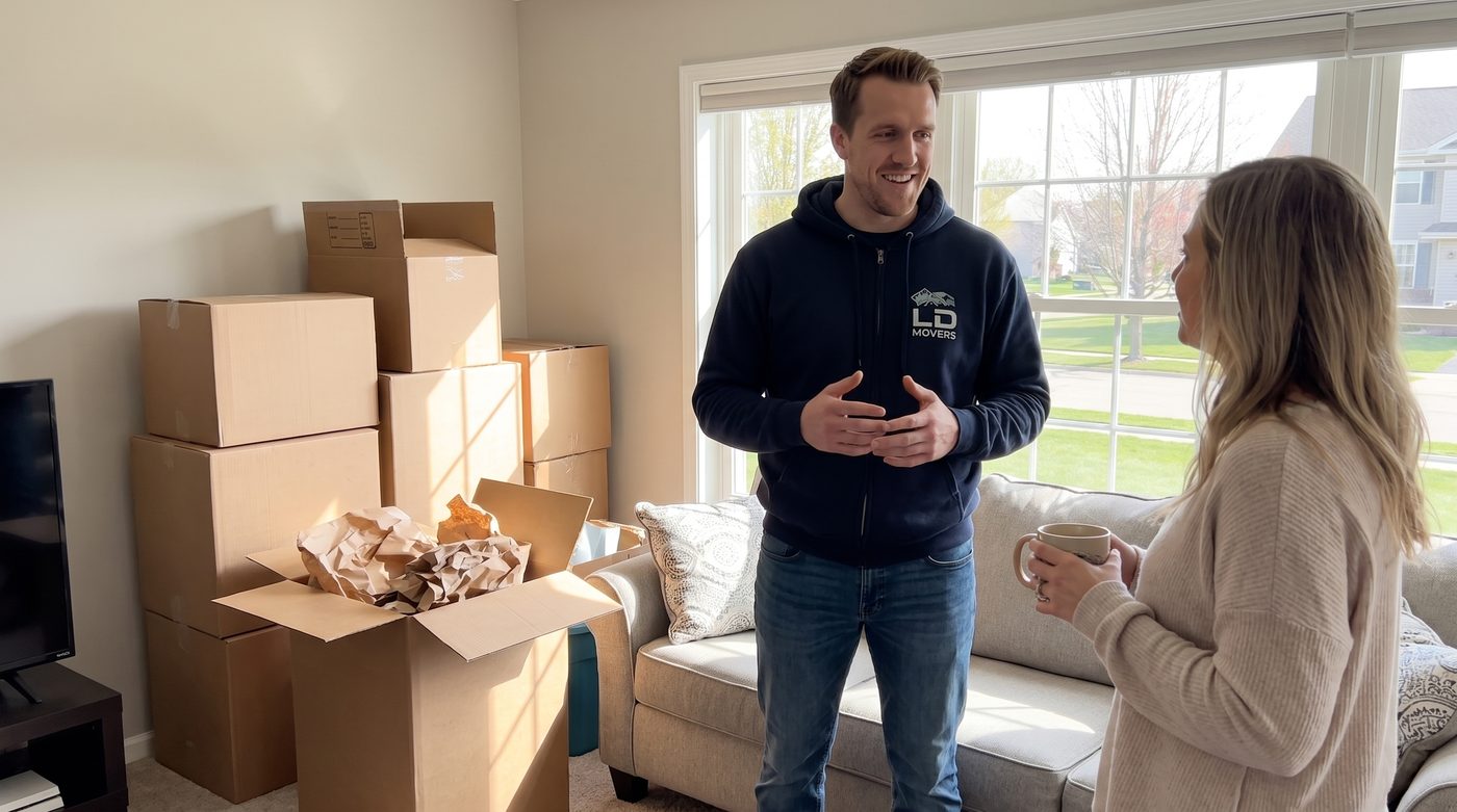 Crew walkthrough with a customer in the living room for a Chicago to Eugene move
