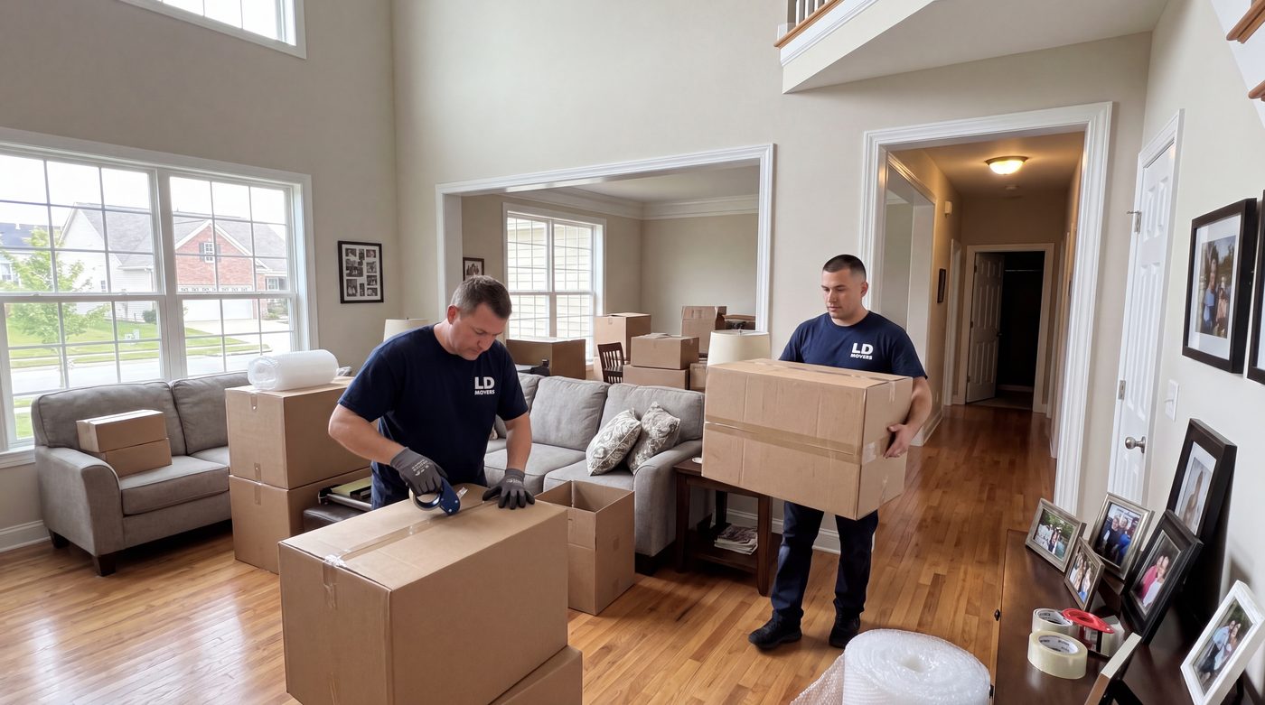 Packing crew sealing cartons before the truck loads — Chicago to Warwick long-distance moving