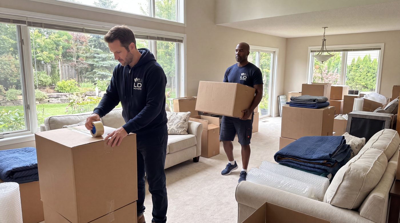 Movers taping and carrying boxes through a home — Chicago to Eugene long-distance moving