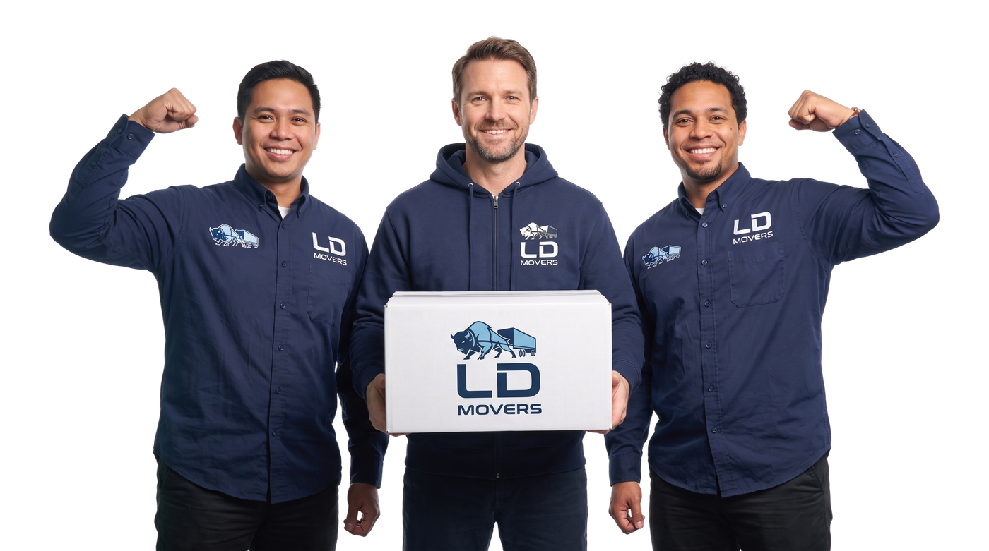LD Movers crew with a branded box at pickup — Chicago to Buffalo long-distance moving
