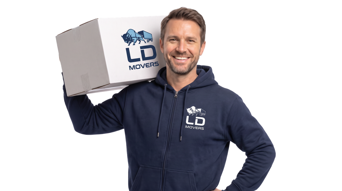 LD Movers crew member with a branded box at pickup for a Chicago to Cincinnati move