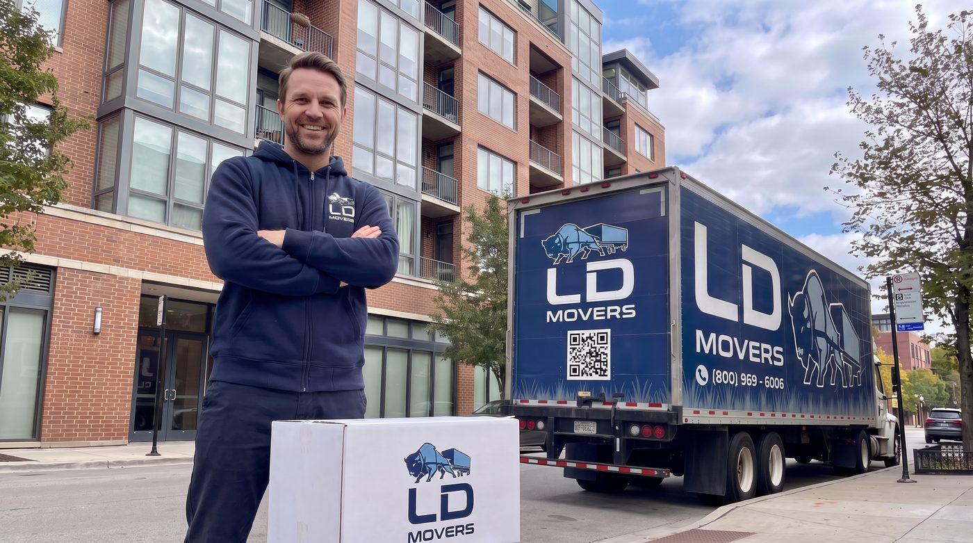 LD Movers crew carefully moving wrapped furniture in an apartment