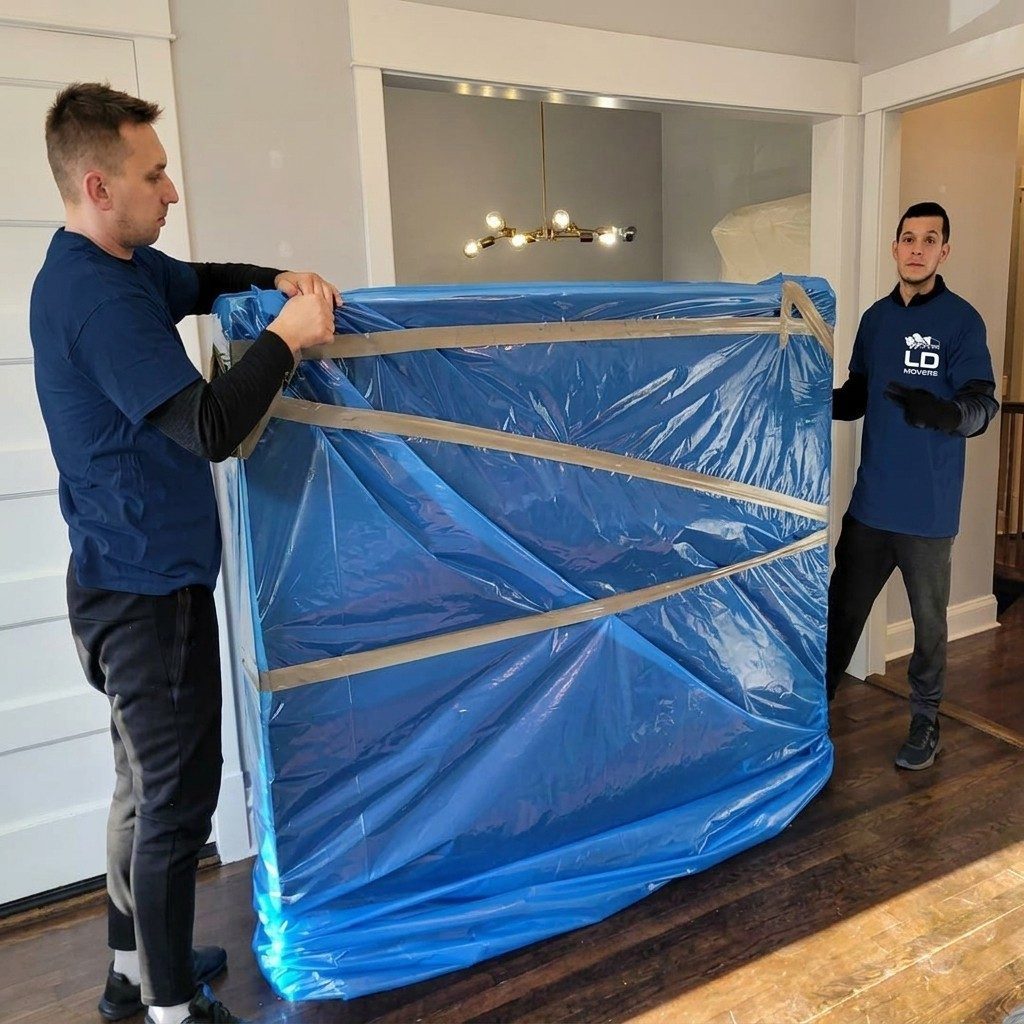 Crew wrapping furniture in protective material on the Chicago to Warwick route