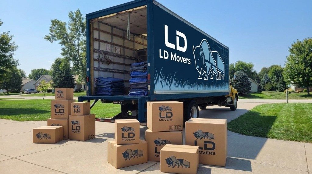 Moving truck parked in a driveway with labeled boxes for a Chicago to Eugene move