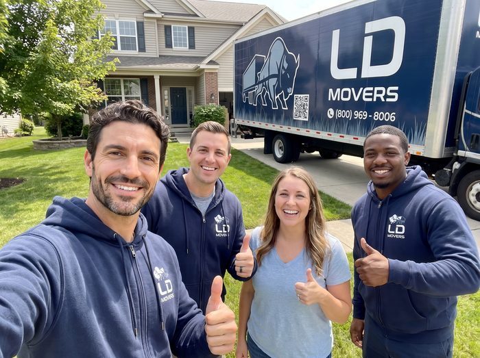 LD Movers customers giving a thumbs up with the crew beside the truck