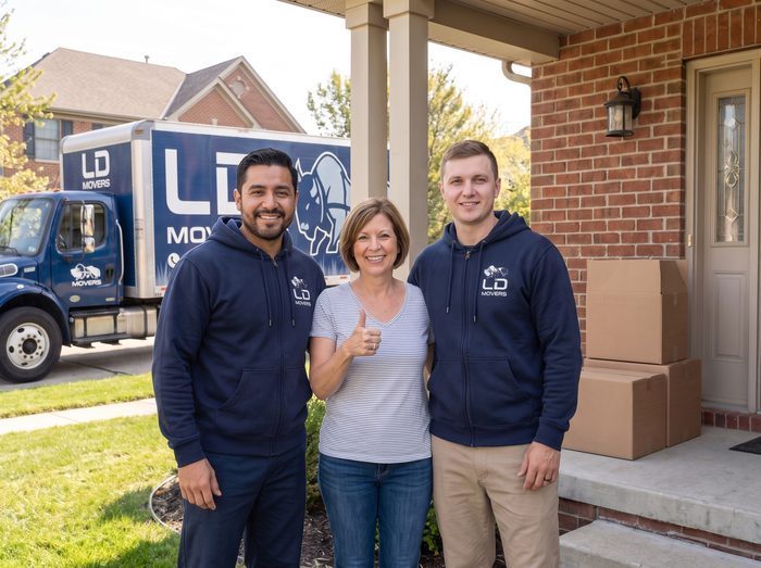 Customer giving a thumbs up with LD Movers crew on the front porch