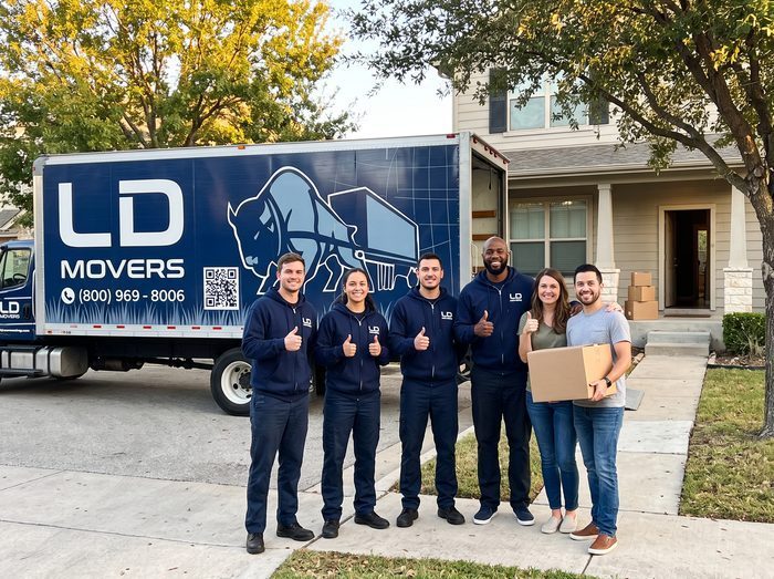 LD Movers crew and customers celebrating a successful move in the driveway