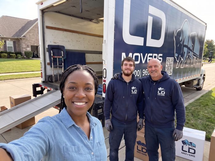 Customer selfie with LD Movers crew beside an open truck