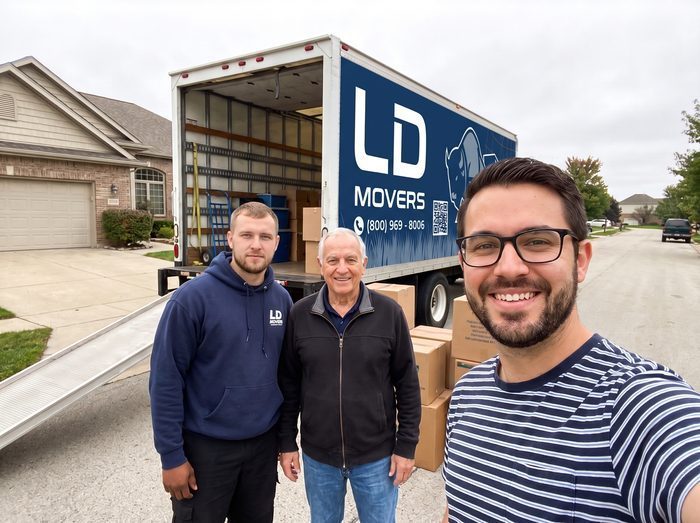 Customer selfie with LD Movers crew on the truck ramp