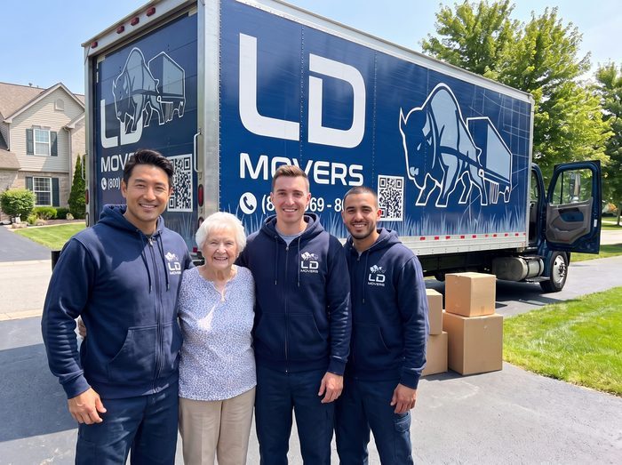 Senior customer with LD Movers crew beside the branded truck